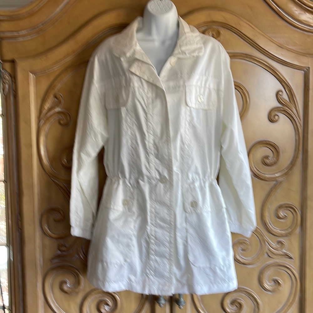 White tunic length windbreaker